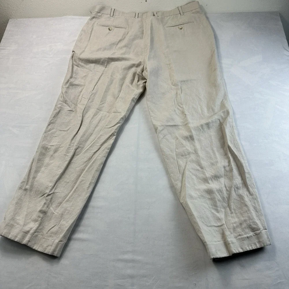Perry Ellis Linen Blend Classic Fit Pants Men's 40x32 Beige Flat Front Casual